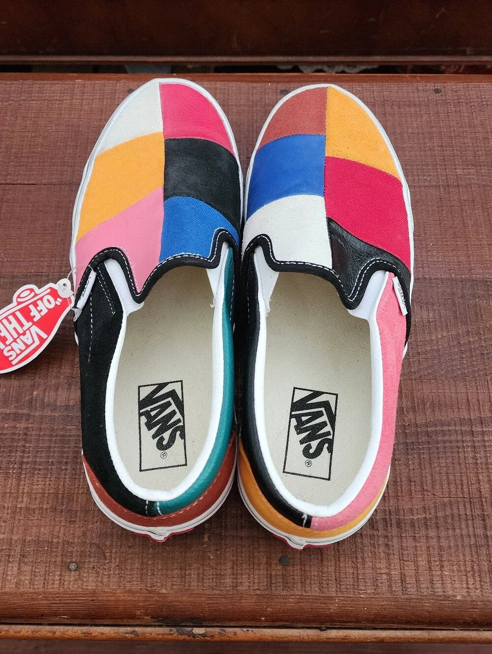 Vans Classic Slip-On Patchwork Sneakers in Red, Blue, Pink, Yellow, Black, Cream